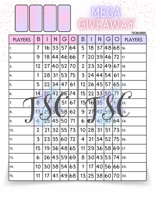 Mega Giveaway Bingo Board 1-75 Ball