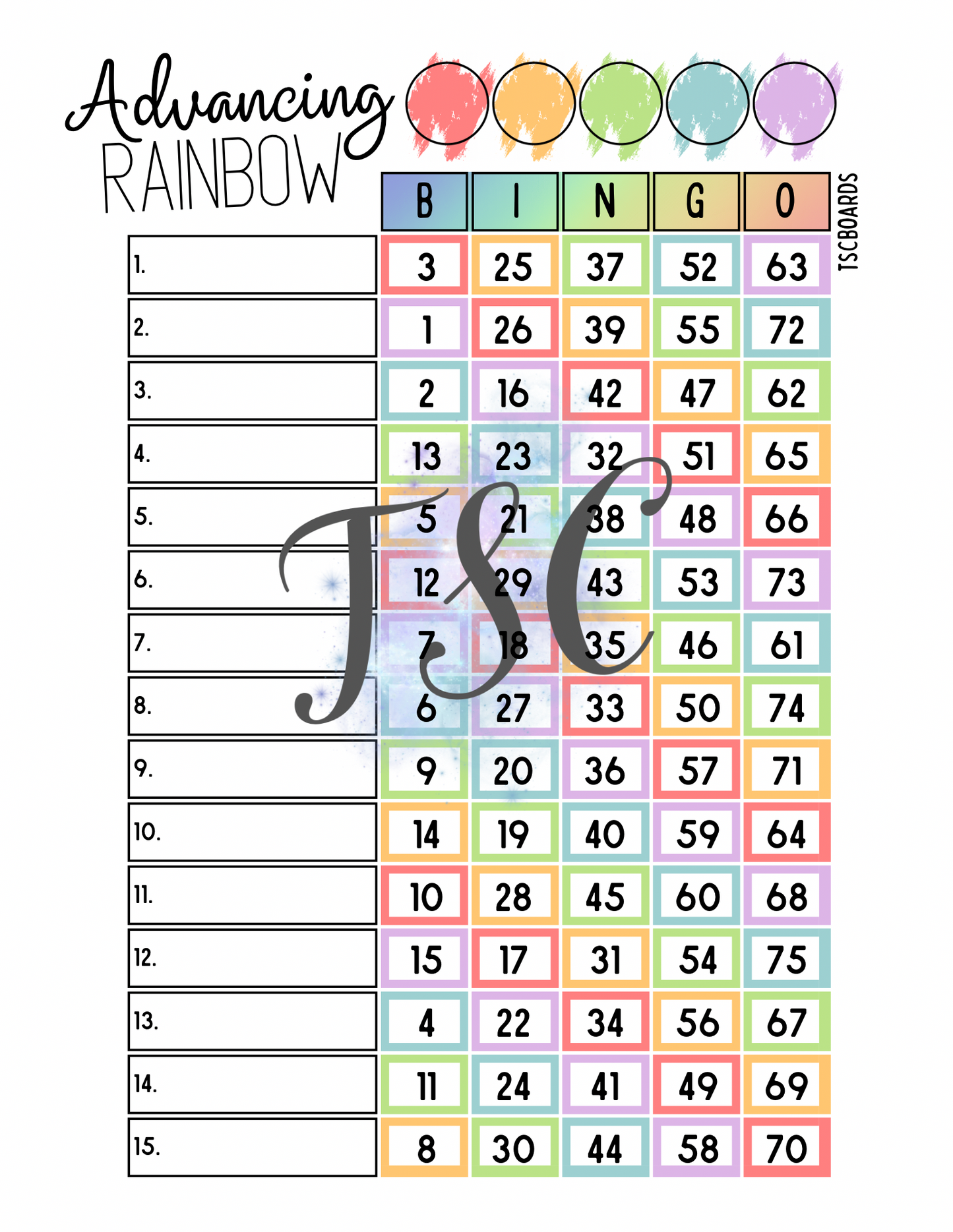 Advancing Rainbow Main Bingo Board 1-75 Ball 1-15 Line