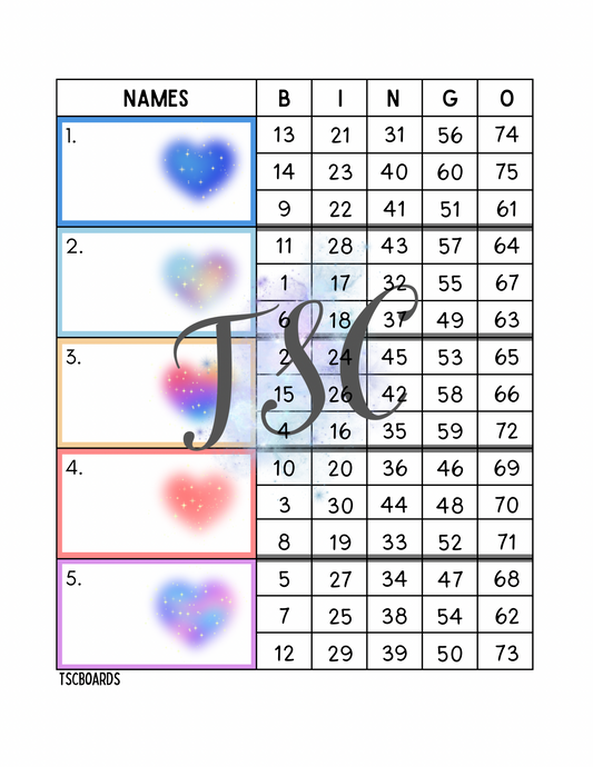 Gradient Heart Block Bingo Board 1-75 Ball