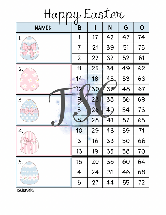 Happy Easter Eggs Bingo Board 1-75 Ball