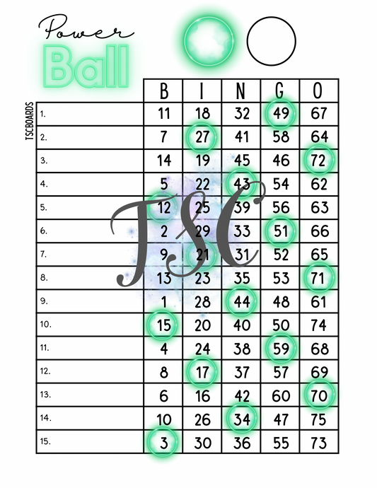 Powerball Green Bingo Board 1-75 Ball