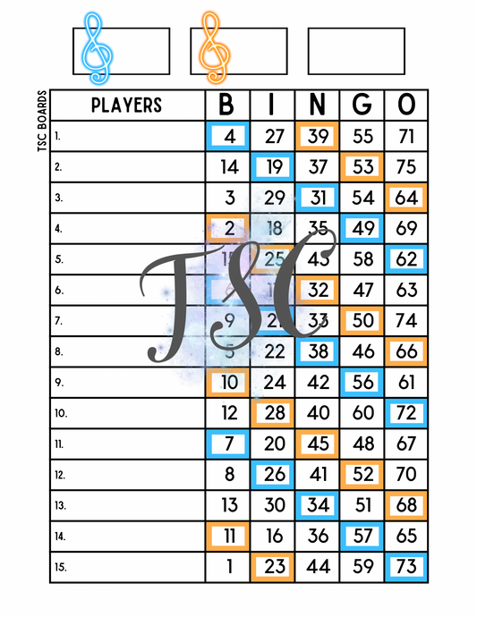 Musical Notes Two Colour Bingo Board 1-75 Ball 1-15 Line