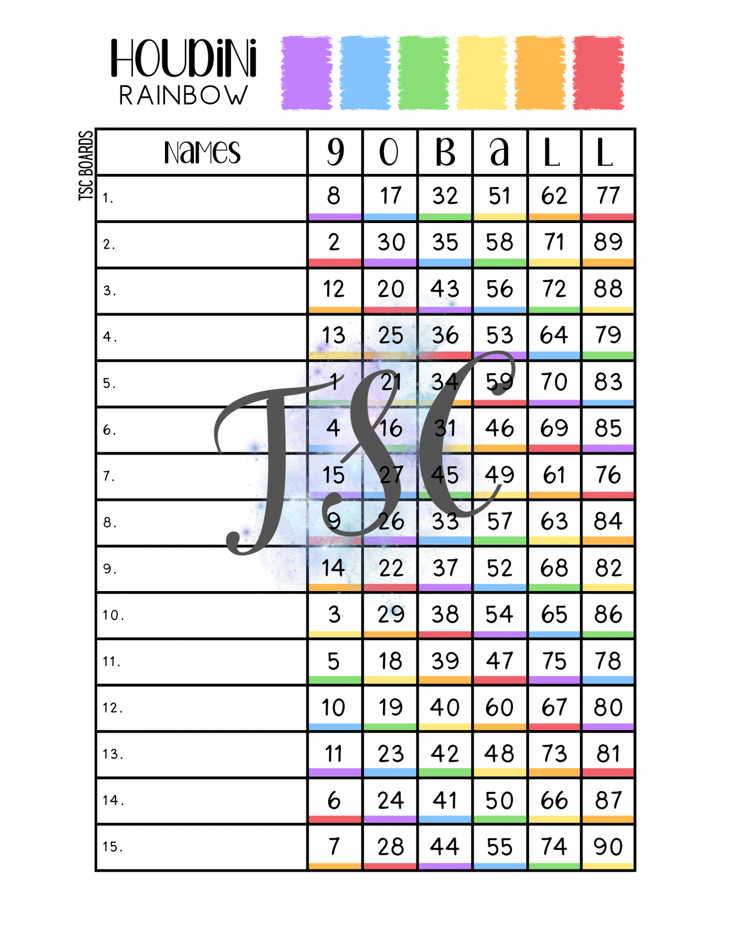 Houdini Rainbow Bingo Board 1-90 Ball