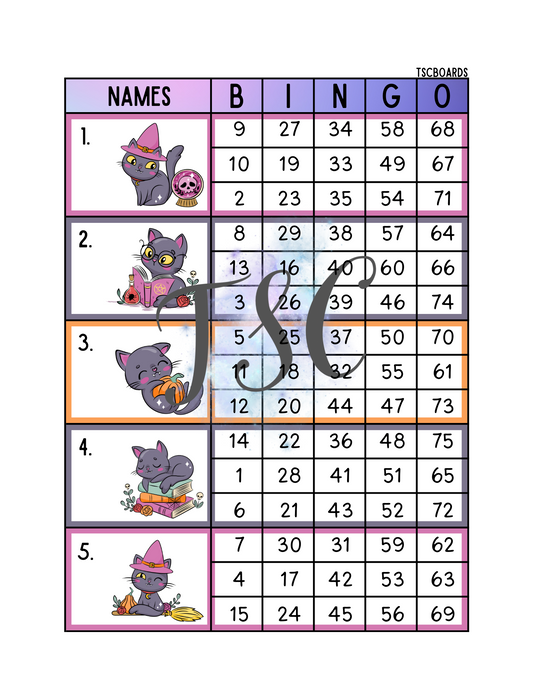 Witchy Cat Bingo Board 1-75 Ball