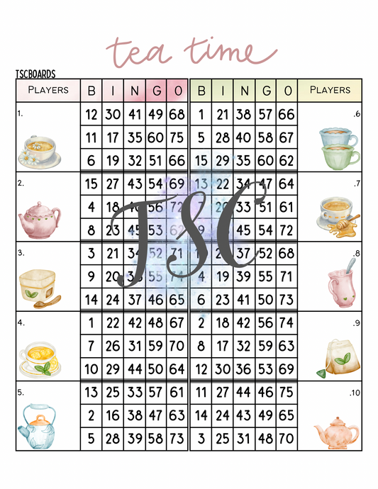 Tea Time Double Block Bingo Board 1-75 Ball