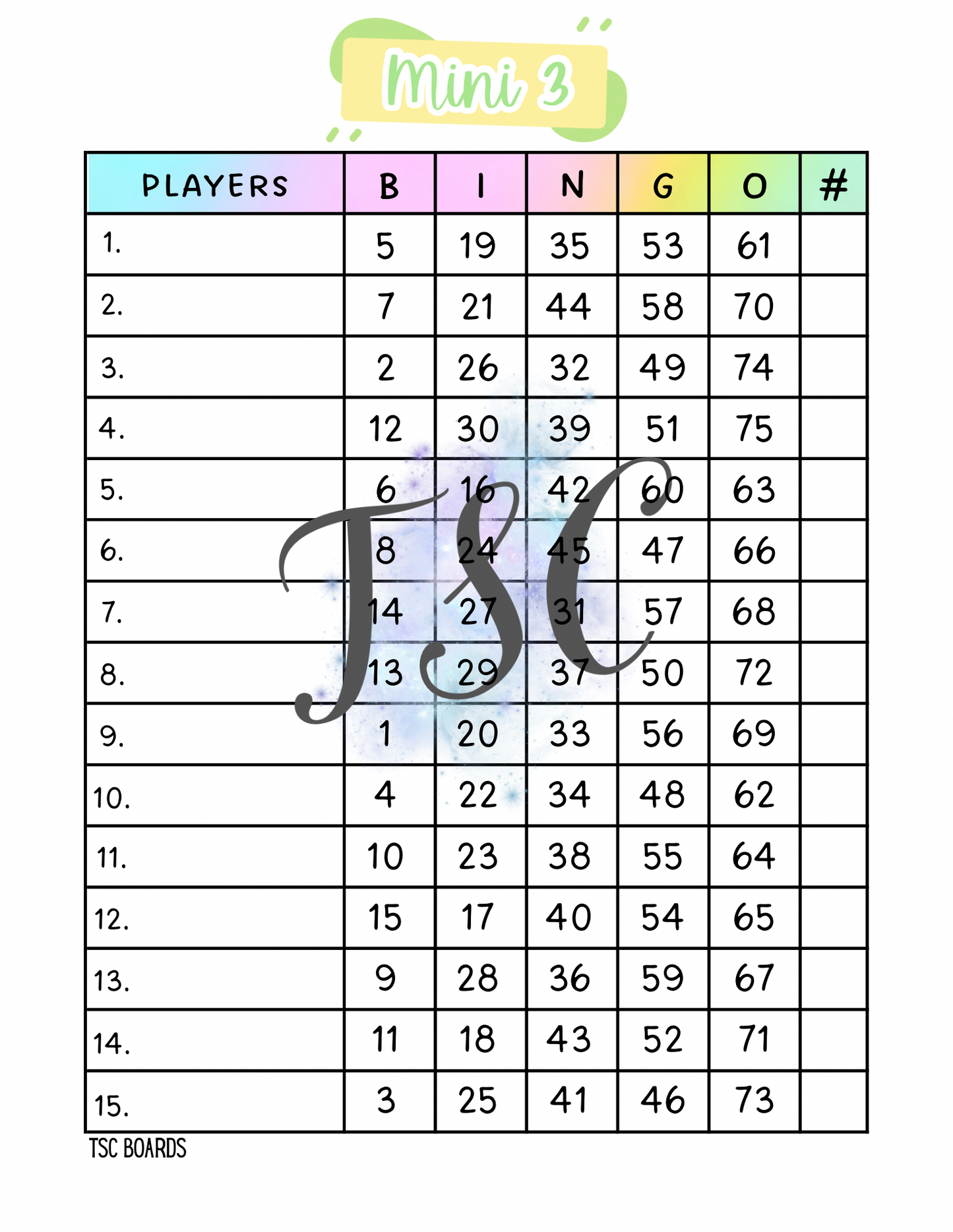 Pastel Mini 3 Bingo Board 1-75 Ball