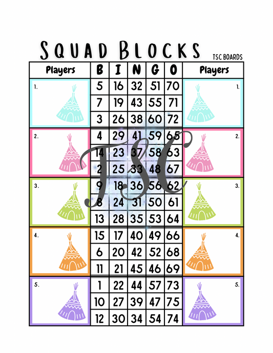 Squad Blocks Tipi Bingo Board 1-75 Ball