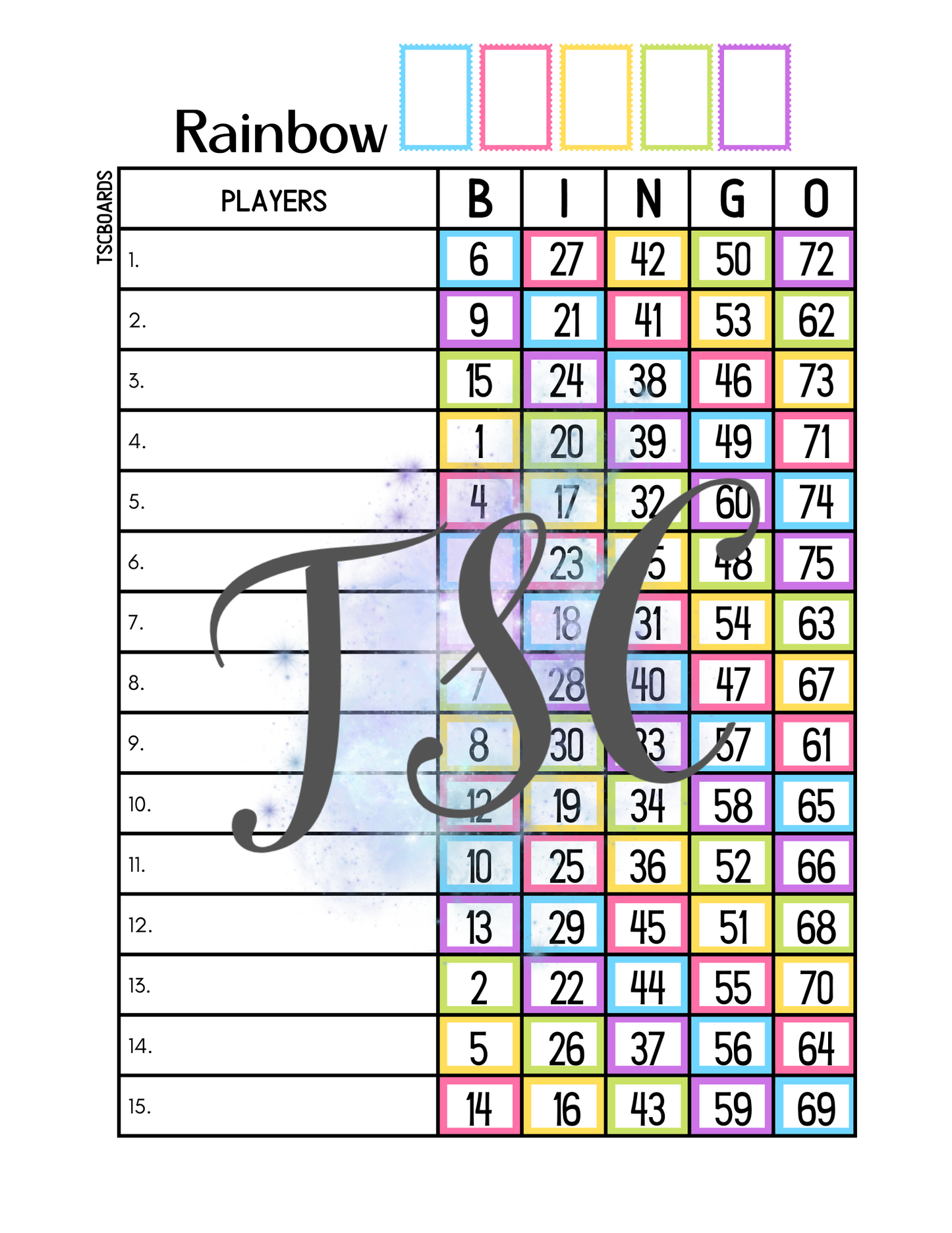 Rainbow Bingo Board 1-75 Ball