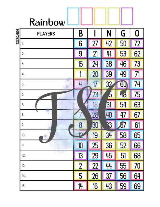 Rainbow Bingo Board 1-75 Ball
