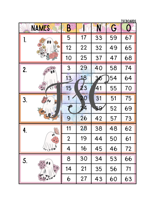 Floral Ghost Block Bingo Board 1-75 Ball