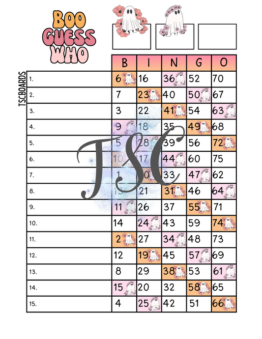 Boo Guess Who Bingo Board 1-75 Ball