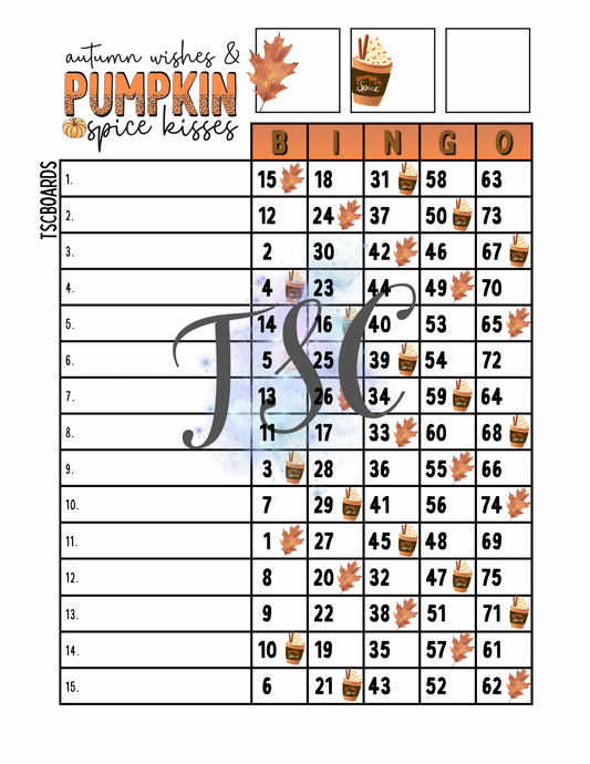 Autumn Wishes & Pumpkin Spice Kisses Bingo Board 1-75 Ball