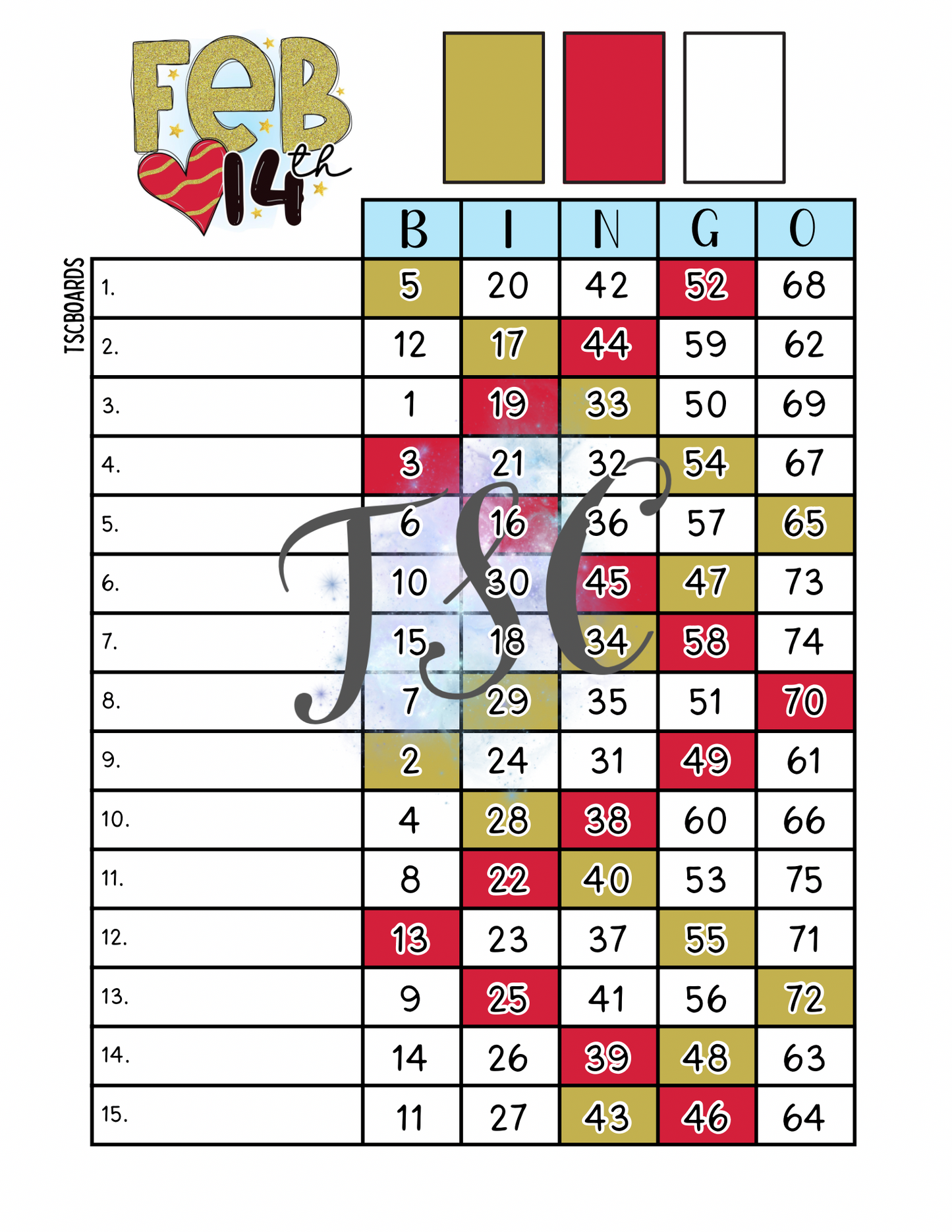 Feb 14th Bingo Board 1-75 Ball