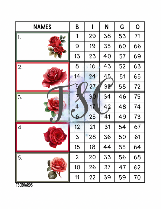 Red Roses Block Bingo Board 1-75 Ball
