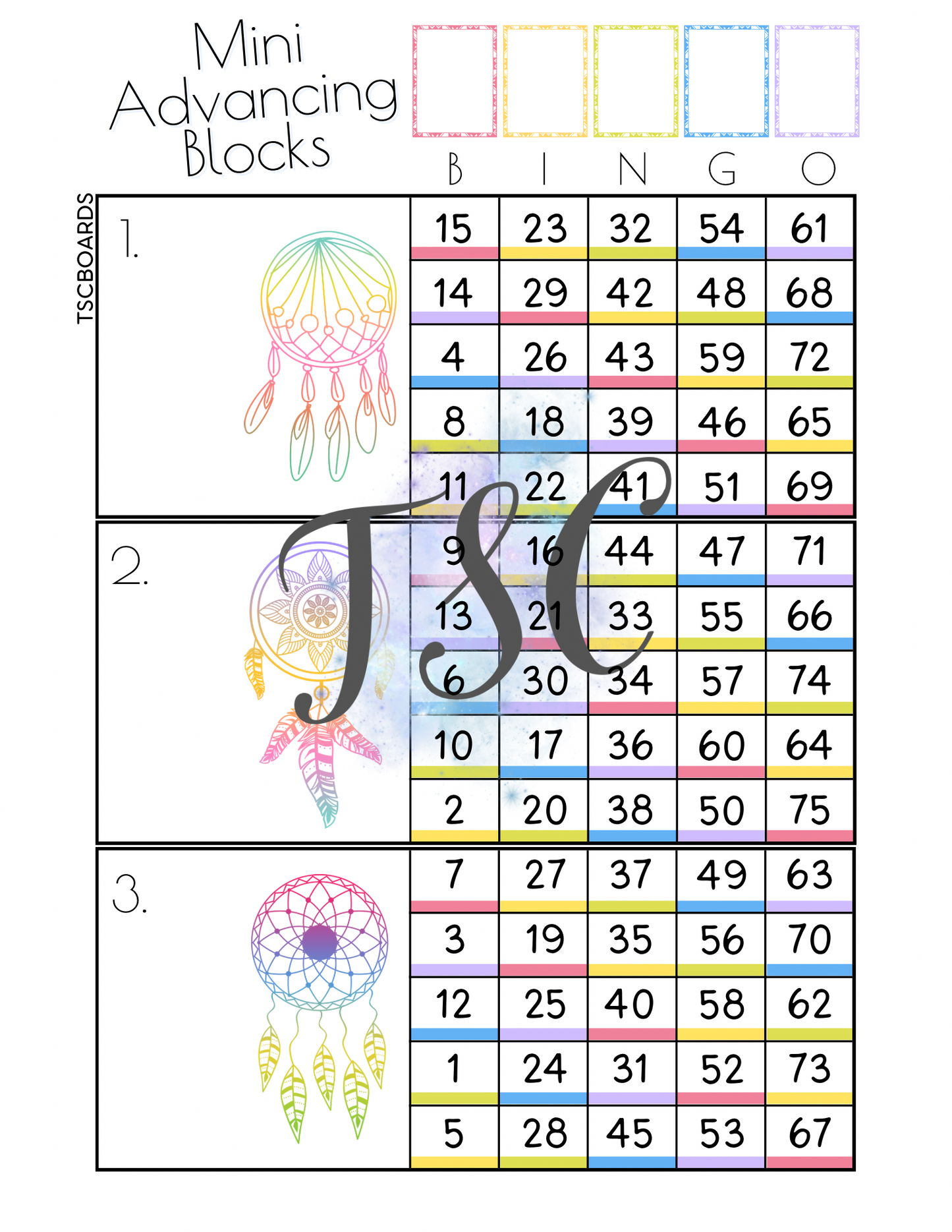 Dreamcatcher Advancing Rainbow Blocks Bingo Board Main 1-75 Ball