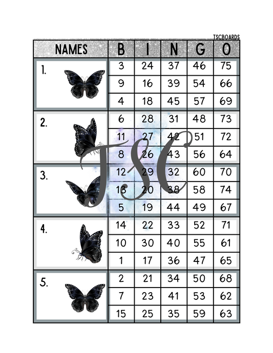 Black Butterfly Block Bingo Board 1-75 Ball