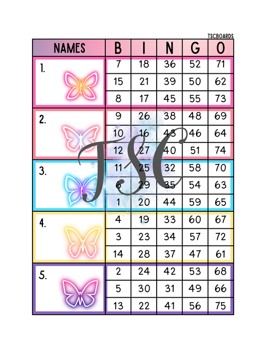 Neon Butterfly Block Bingo Board 1-75 Ball