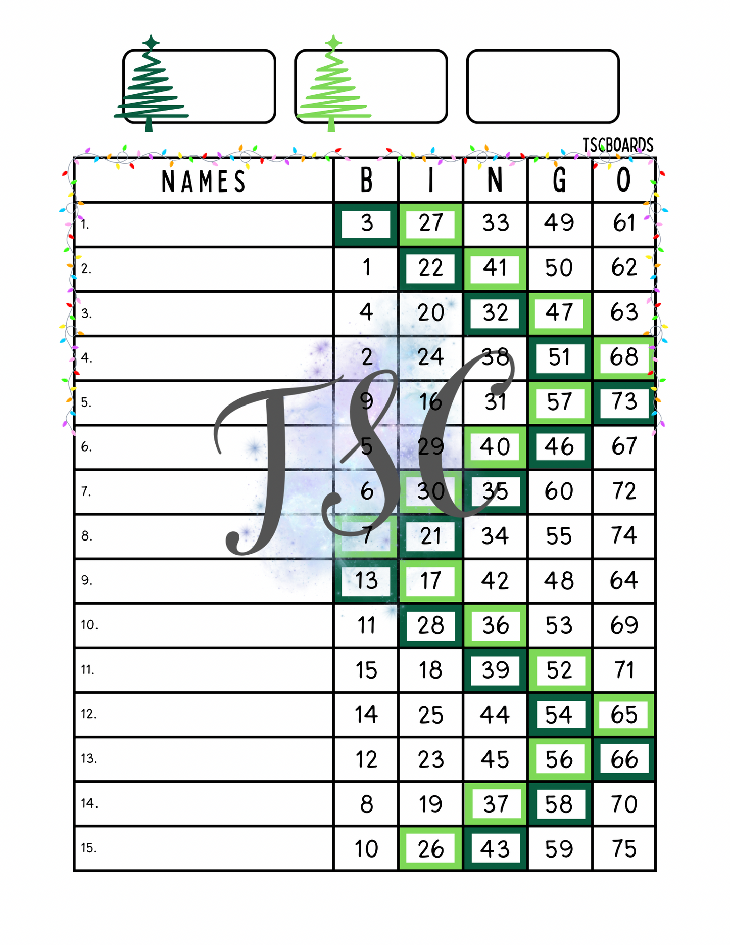 Christmas Tree Bingo Board 1-75 Ball