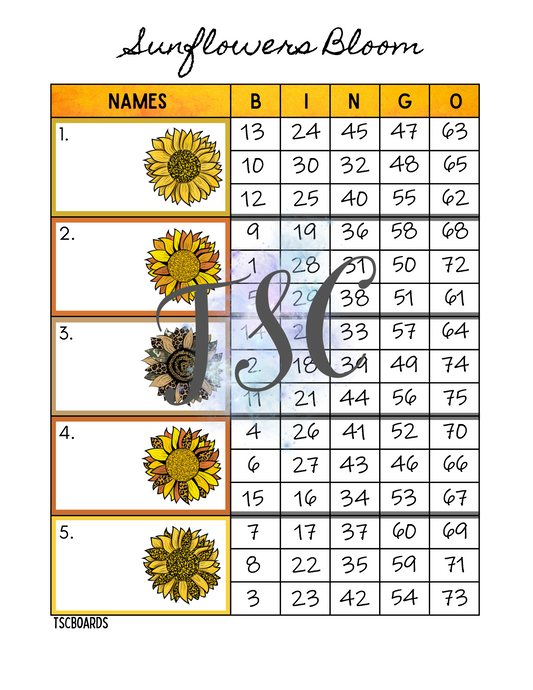 Sunflower Bloom Block Bingo Board 1-75 Ball