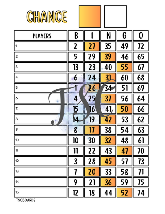 Yellow Chance Bingo Board 1-75 Ball