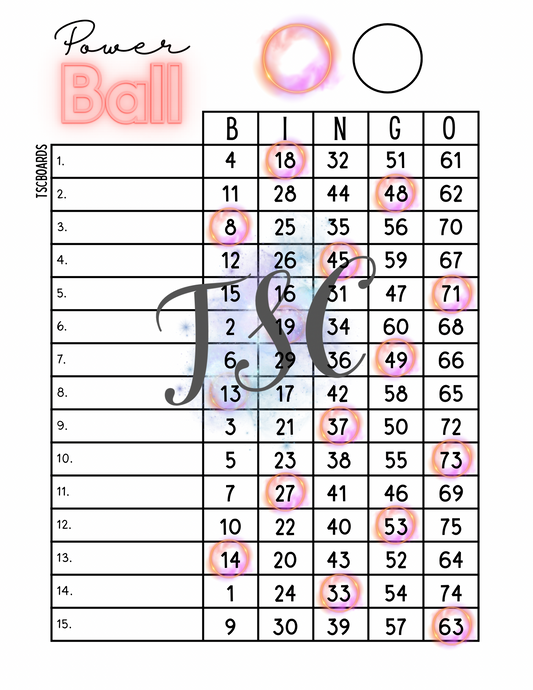 Powerball Pink Bingo Board 1-75 Ball