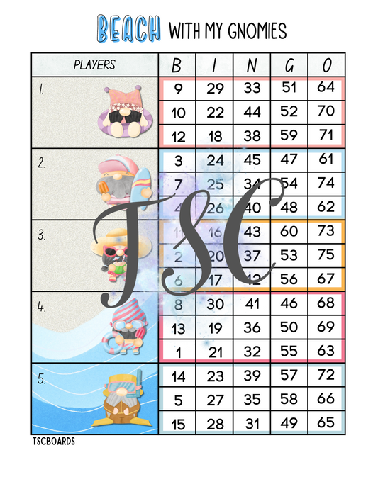 Beach with my Gnomies Block Bingo Board 1-75 Ball