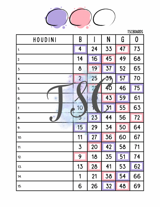 Houdini Two Colour Bingo Board 1-75 Ball 15 Lines