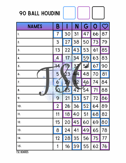 Houdini Bingo Board 1-90 Ball