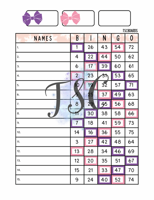 Bows Bingo Board 1-75 Ball