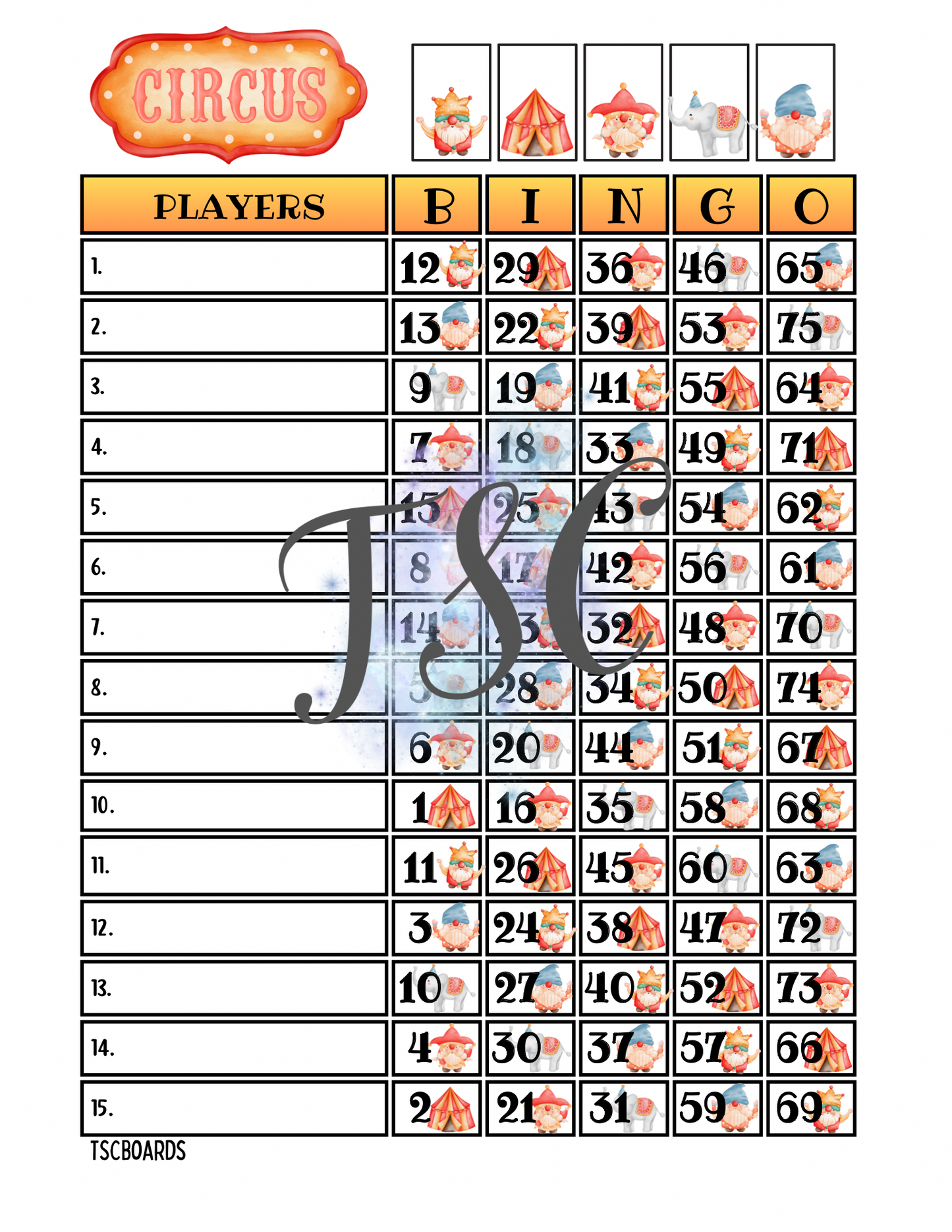 Circus Gnomes Bingo Board 1-75 Ball