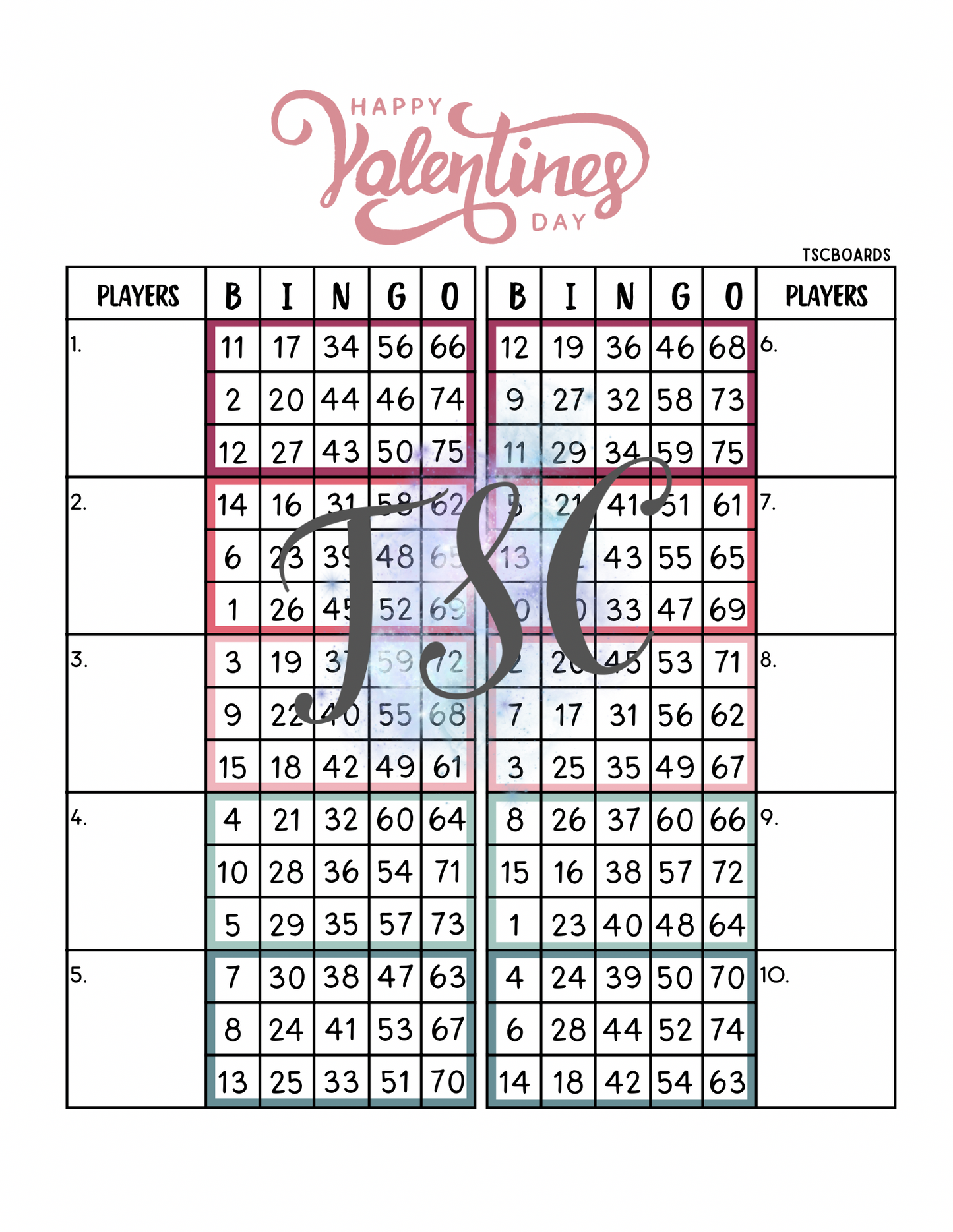 Happy Valentines Day Double Block Bingo Board 1-75 Ball