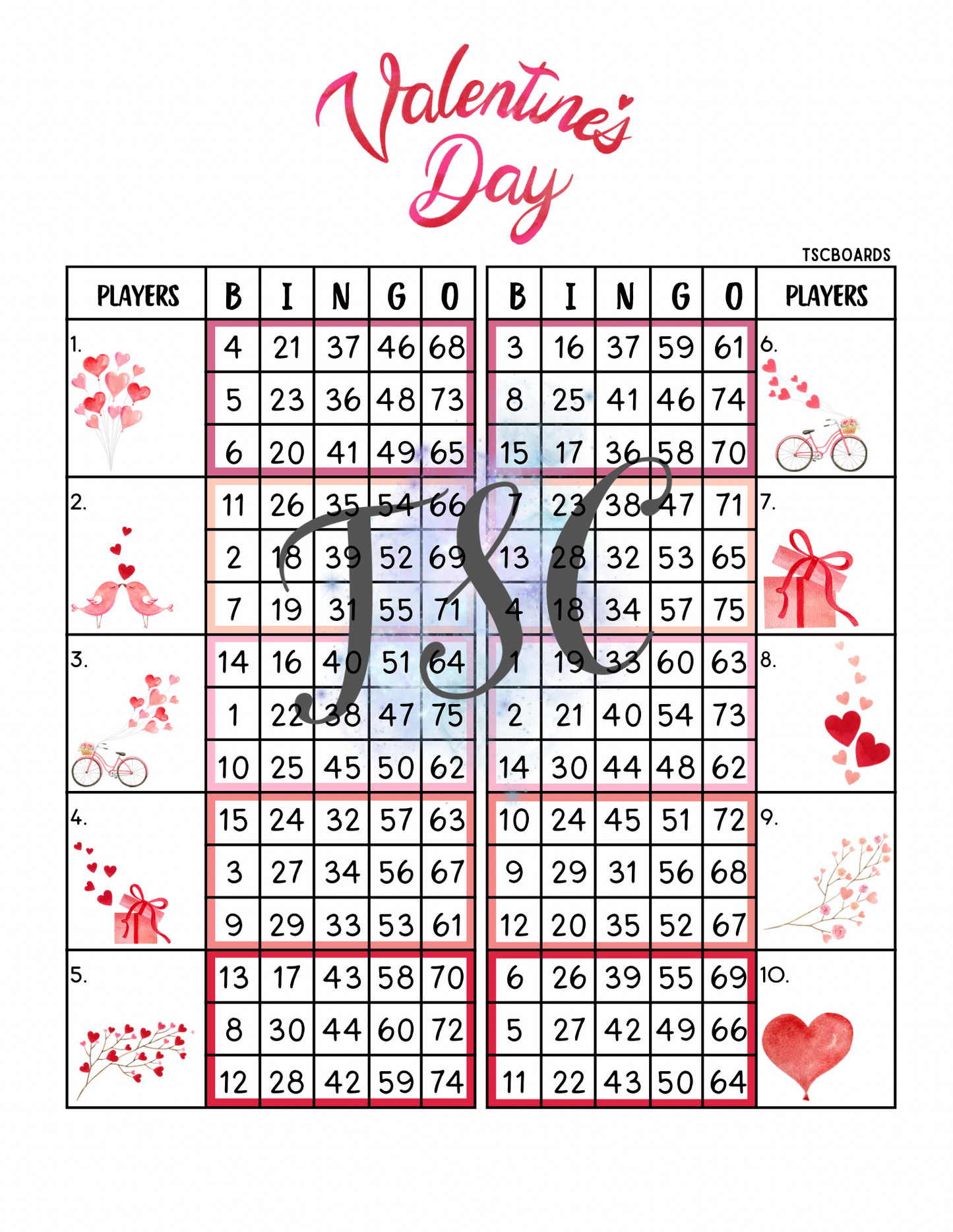 Valentines Day Double Block Bingo Board 1-75 Ball