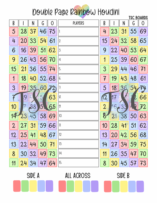 Double Page Rainbow Houdini Bingo Board 1-75 Ball