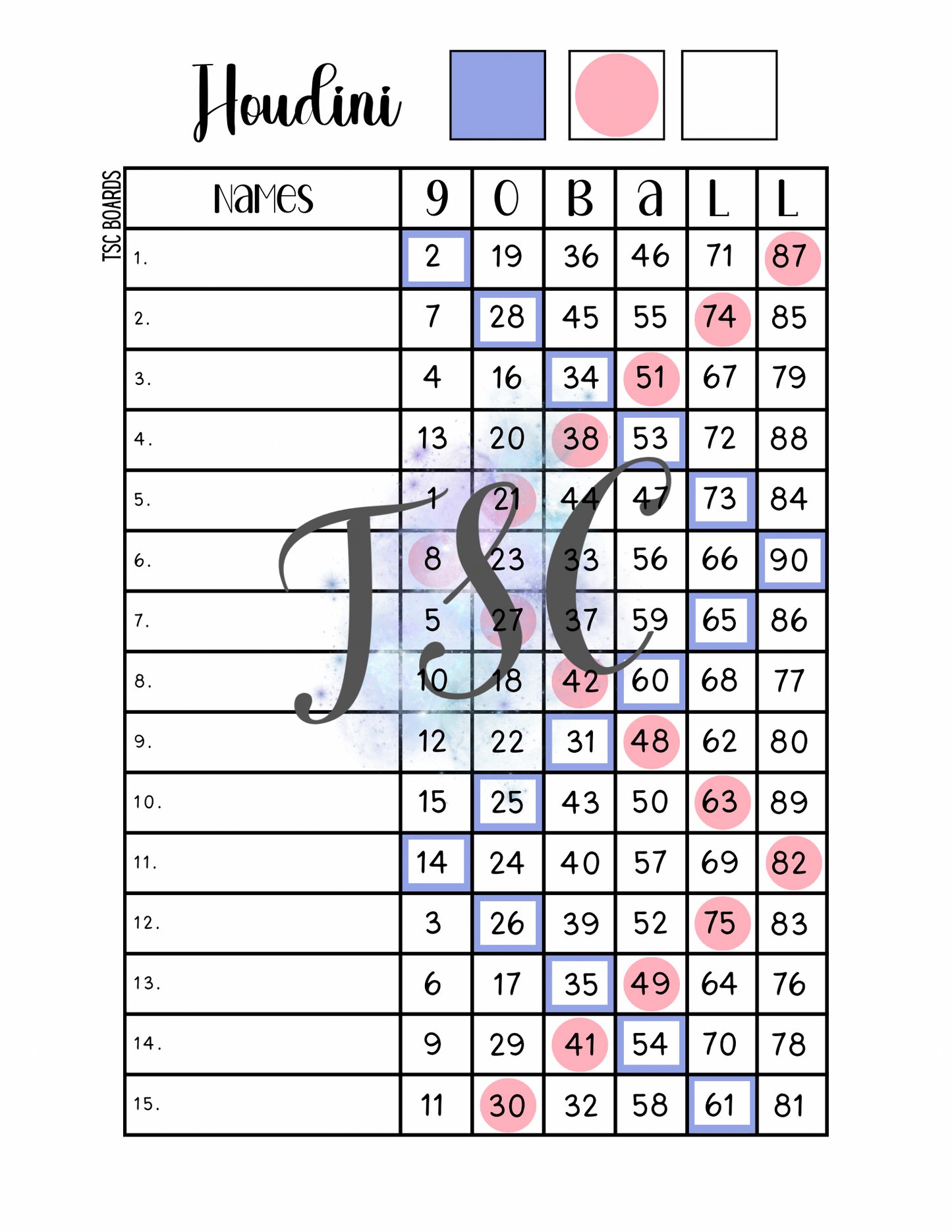 Houdini Bingo Board 1-90 Ball