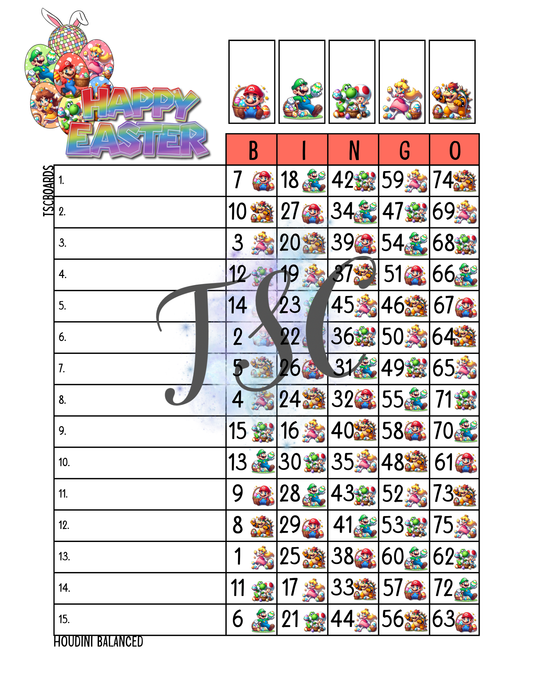 Happy Easter Mario Bingo Board 1-75 Ball