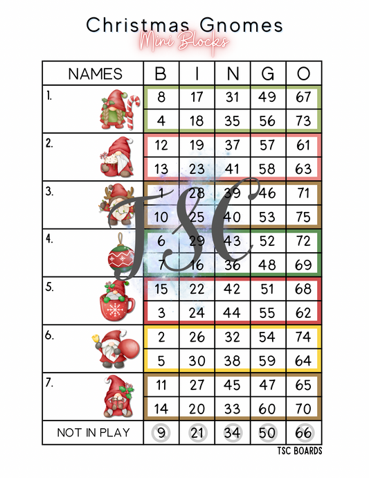 Christmas Gnomes Mini Blocks Bingo Board 1-75 Ball