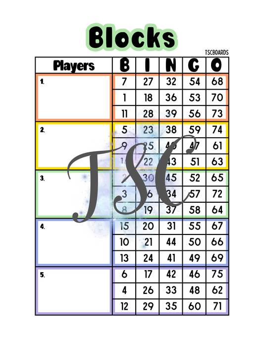 Rainbow Block Bingo Board 1-75 Ball