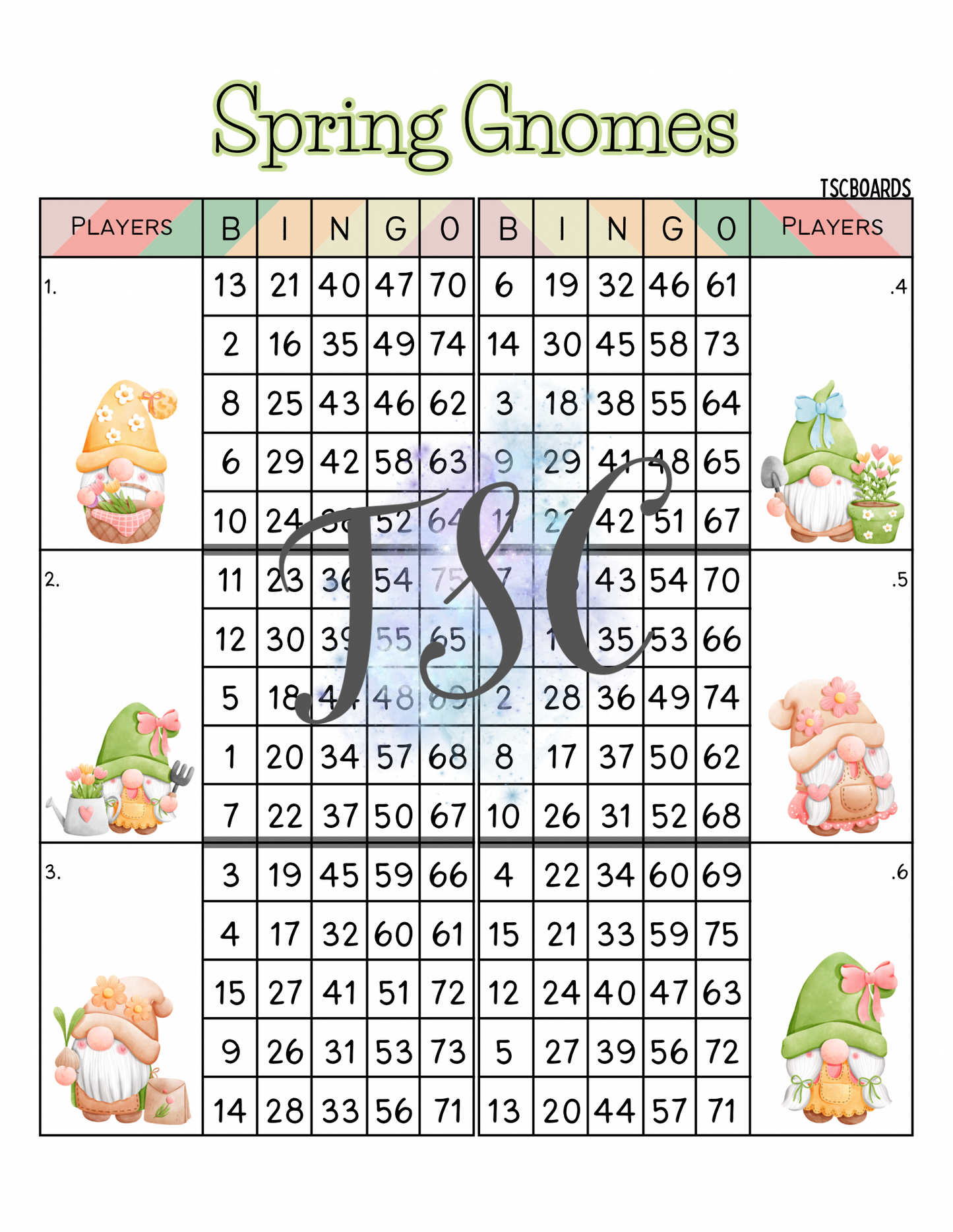 Spring Gnomes Mega Double Block Bingo Board 1-75 Ball
