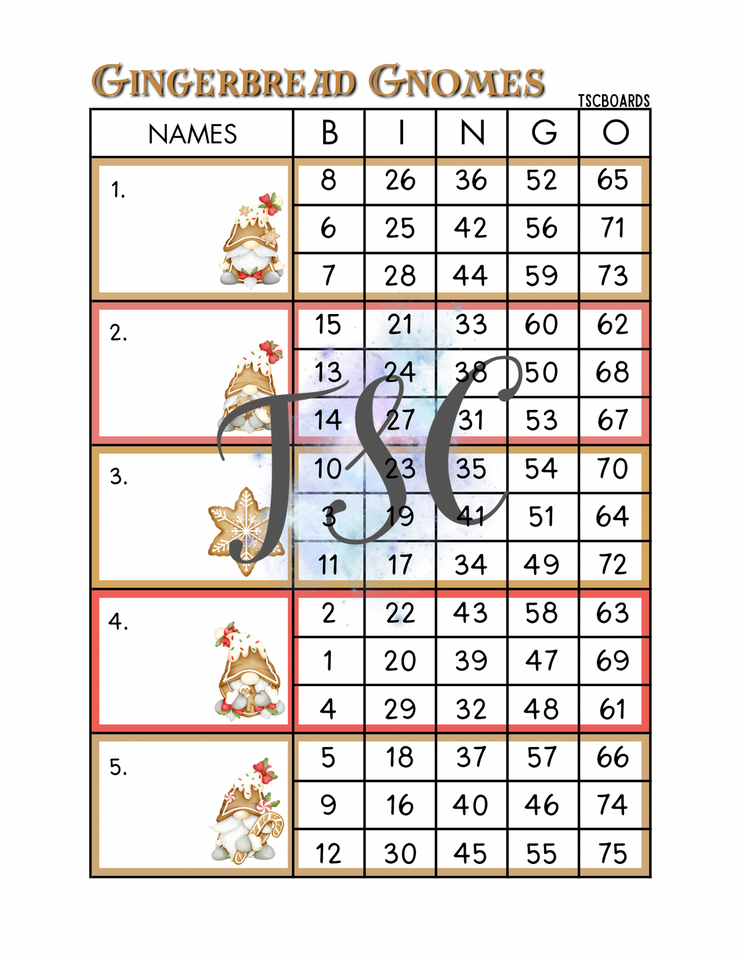 Gingerbread Gnomes Block Bingo Board 1-75 Ball