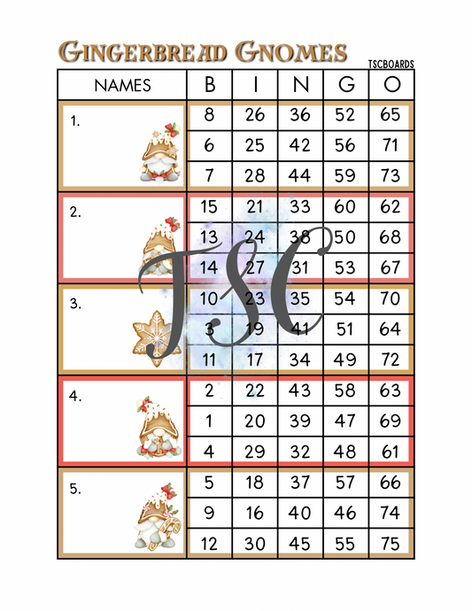 Gingerbread Gnomes Block Bingo Board 1-75 Ball