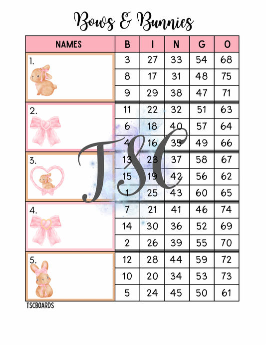 Bows & Bunnies Block Bingo Board 1-75 Ball