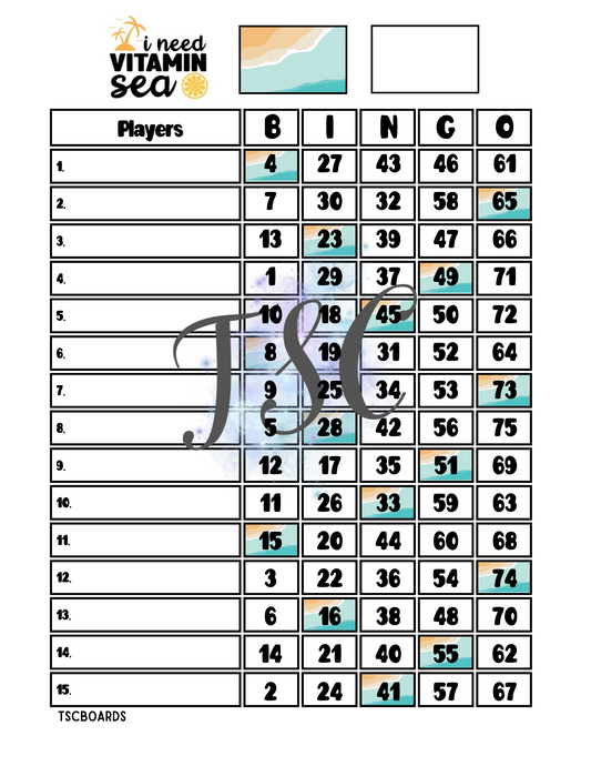 I Need Vitamin Sea Bingo Board 1-75 Ball