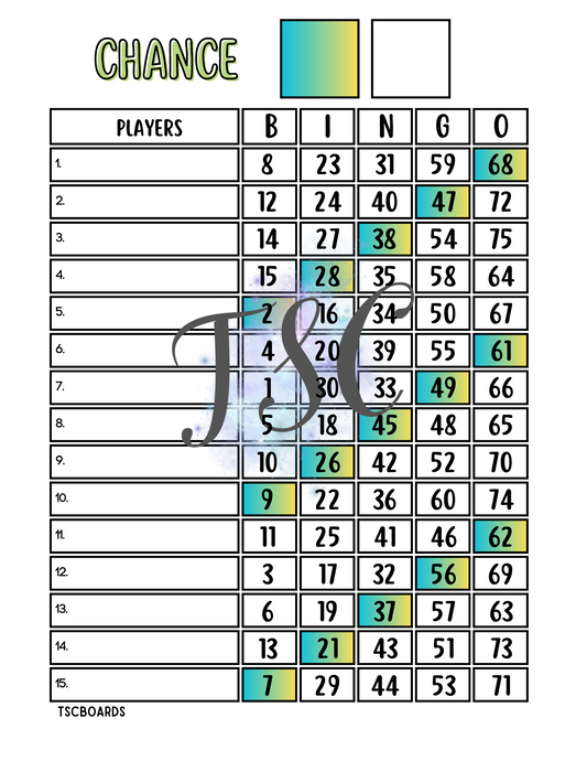 Green Chance Bingo Board 1-75 Ball