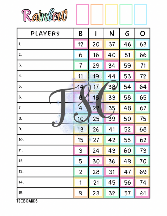 Rainbow Pastel Bingo Board 1-75 Ball