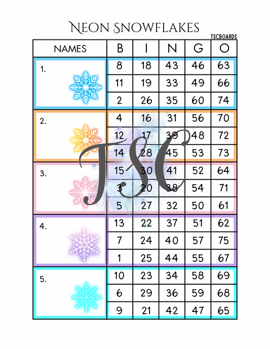 Neon Snowflakes Block Bingo Board 1-75 Ball