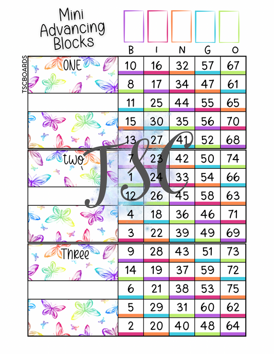 Butterfly Mini Advancing Rainbow Blocks Bingo Board Main 1-75 Ball