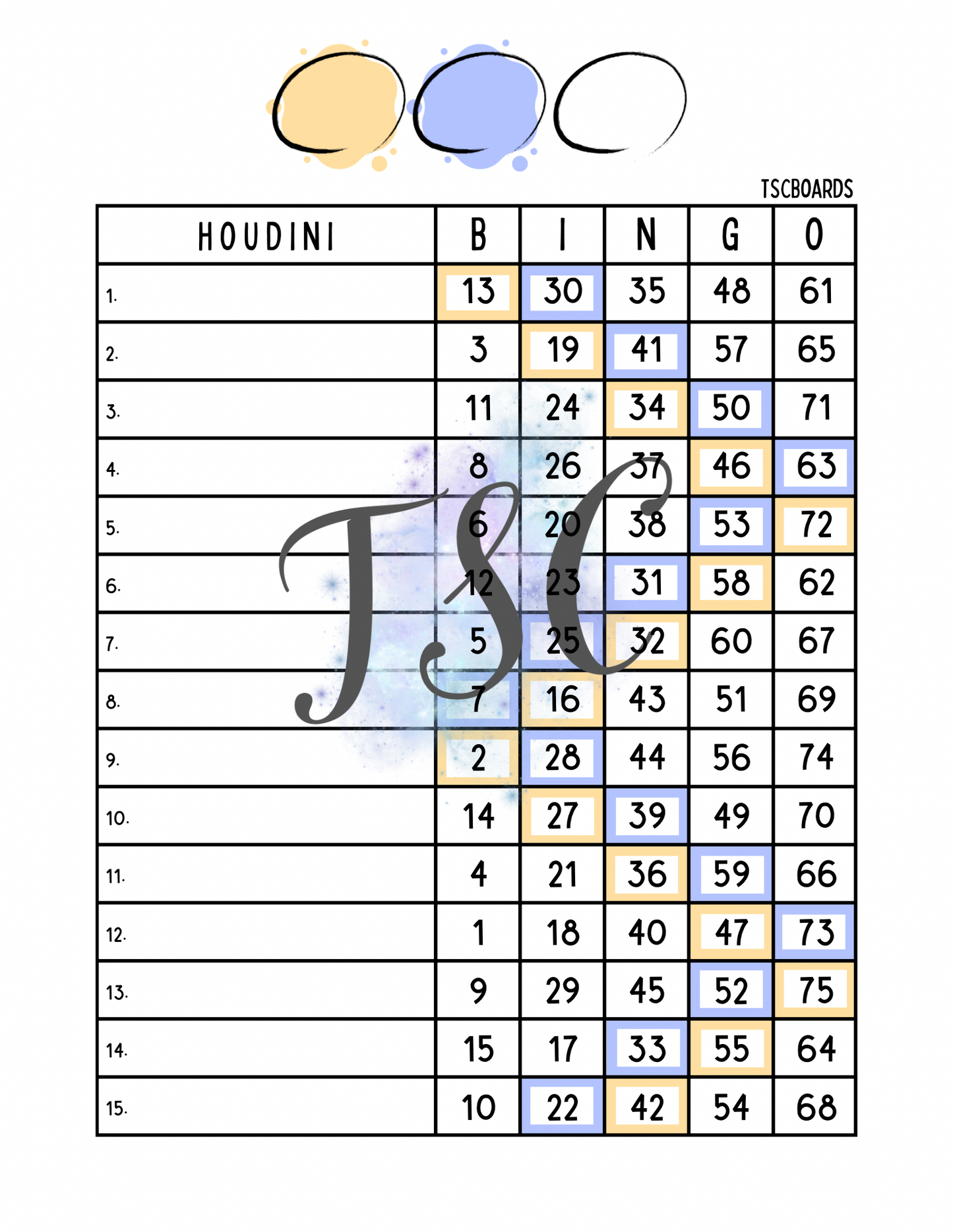 Houdini Two Colour Bingo Board 1-75 Ball 15 Lines