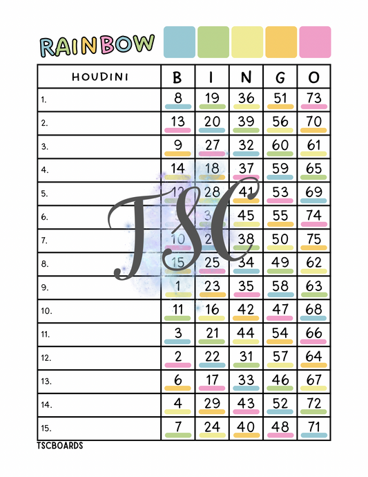 Rainbow Houdini Bingo Board 1-75 Ball