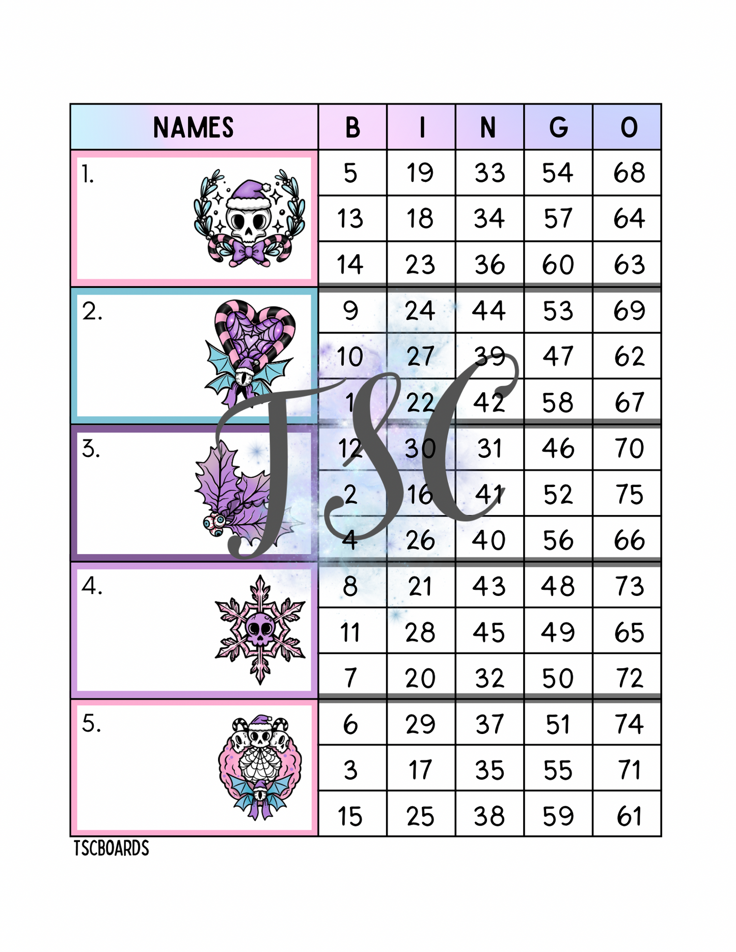 Spooky Pastel Christmas Block Bingo Board 1-75 Ball