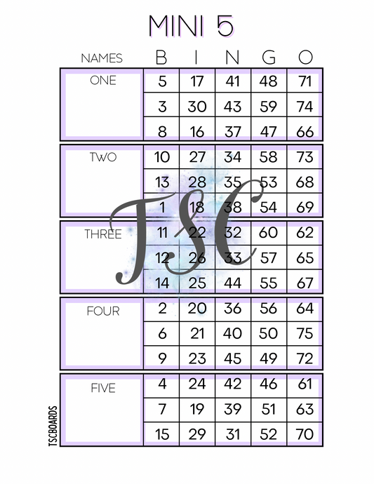 Mini 5 Purple Block Bingo Board 1-75 Ball